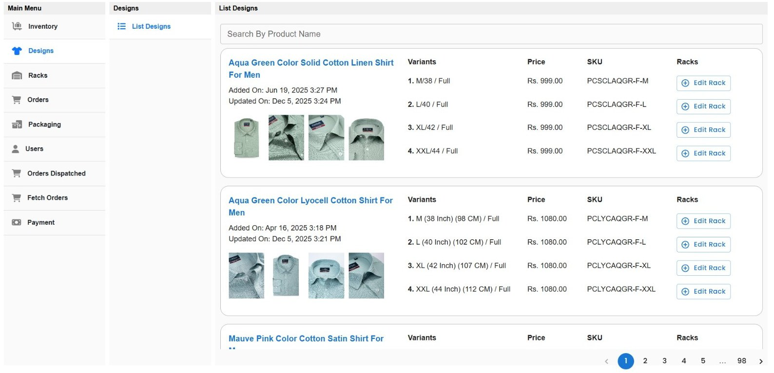 Leadows warehouse platform showing inventory, product variants and rack management